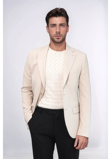 Bej Kendinden Desenli Örme Altın Renk Metal Düğmeli Slim Fit Erkek Blazer Ceket - Wessi Cream