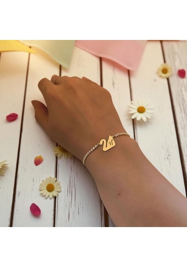 Archin N Harfine Özel Kuğu Kuşu Motifli 14 Ayar Altın Plakalı Beyaz Taş Detaylı Hediye Bileklik-601harf N