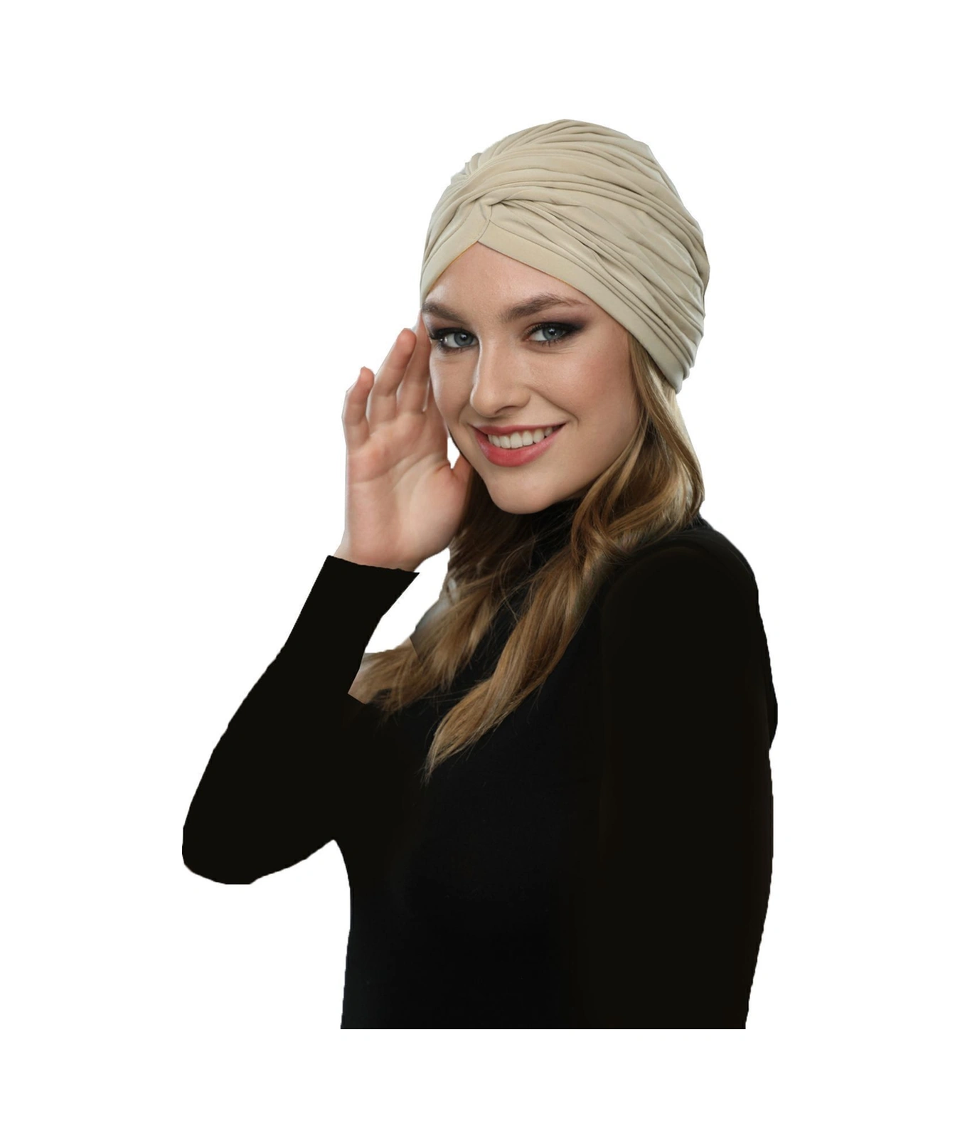 Çapraz W Nervürlü Ensesi Bantlı Kum Beji Hazır Türban Tesettür Havuz Bonesi Bej