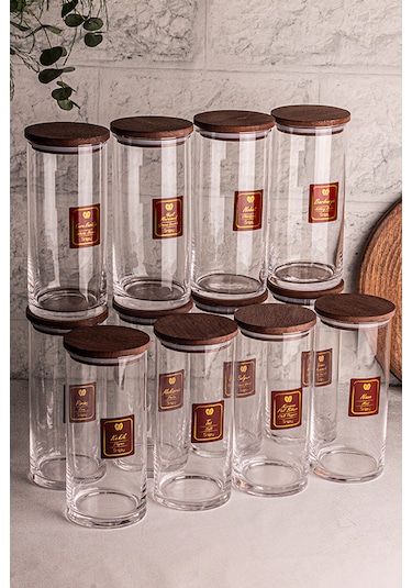 Snippy Story - 12'li Etiketli Cam Jumbo Saklama Kabı Baharatlık Ahşap - Şeffaf