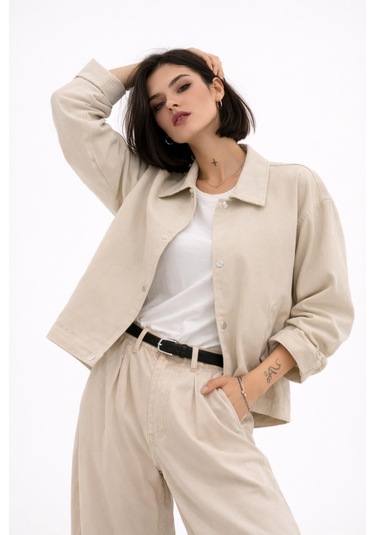 Kadın Oversize Basic Gabardin Mevsimlik Polo Yaka Ceket-385 Taş