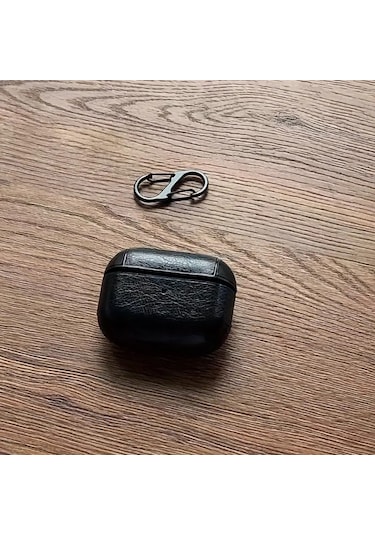 Airpods Pro 3 2025 Uyumlu Lüx Deri Suni Deri Kılıf 360 Koruma+kanca Siyah