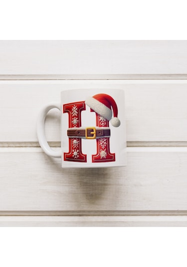 H Harfi Yılbaşı Temalı Bardak 330 Ml Harfli Kişiye Özel Hediye - Yeniyıl / Noel Şapka Tasarım Beyaz
