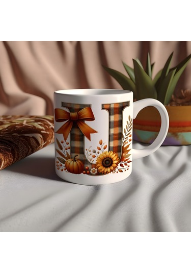 U Harfi Ekose Ve Sonbahar Temalı Kupa Bardak - Kişiye Özel Sıcak Tonlar Alfabe Kupa - Hediye Beyaz