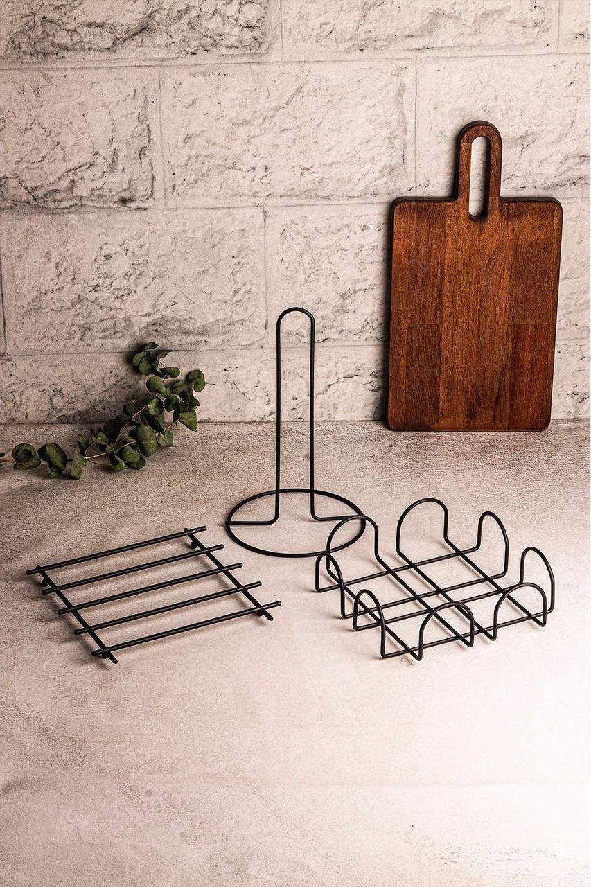 Snippy Sofra Mutfak Sunumluk 3^lü Siyah Rulo Peçetelik Nihale Ekmeklik 3lü Sofra Seti Mutfak Düzenleyici Kahverengi