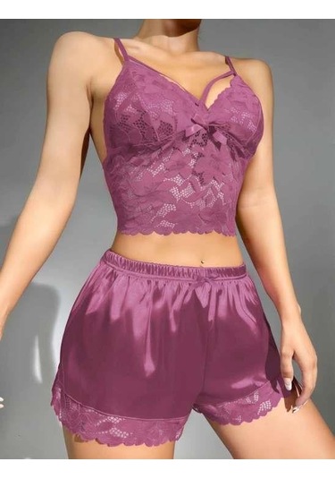 Dantelli Büstiyer İnce Askılı Lila Saten Şortlu Takım Lila
