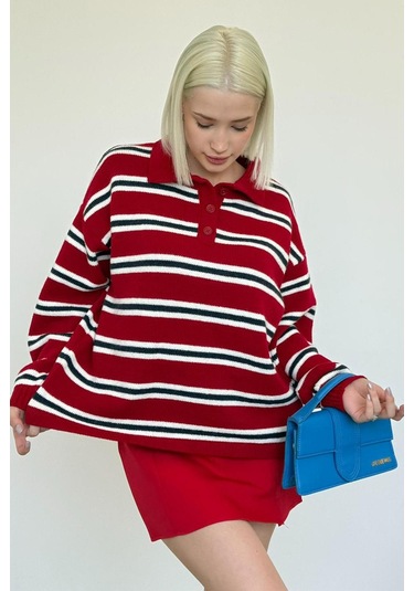 Kırmızı Polo Yaka Çizgili Kadın Triko Kazak Mg2469 Kırmızı