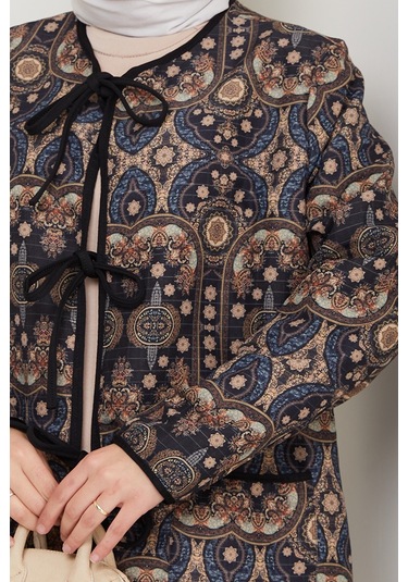 Etnik Desen Bağlamalı Kapitone Ceket 1618 - Siyah Siyah