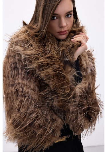 Sateen Leopar Desenli Kürk - Kahve-136710 Kahve