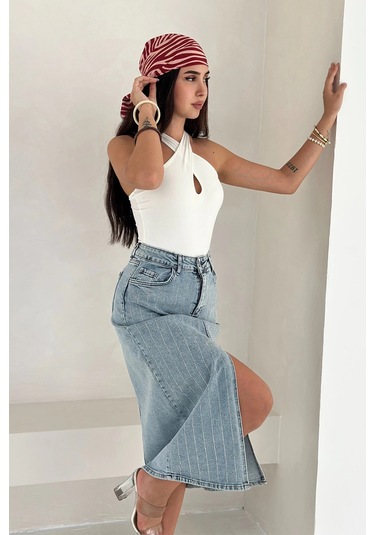 Paralel Taşlı Yırtmaçlı Denim Etek Mavi Mavi