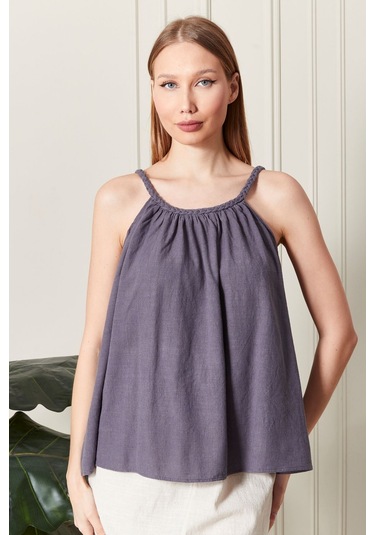 Şık Farklı Tarz Keten Işıl Bluz - Zarif Ve Modern Tasarım Antrasit