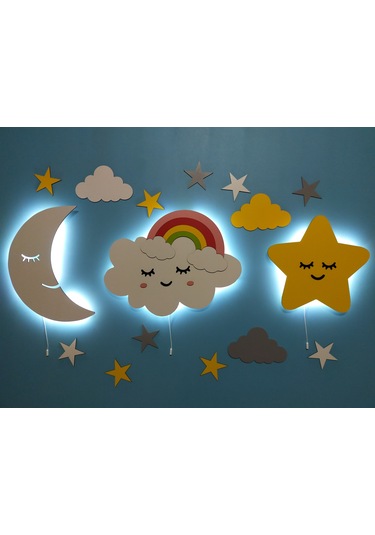 Çocuk Odası Dekoratif Ahşap Ay Gökkuşağı Bulut Sevimli Yıldız Gec Çok Renkli
