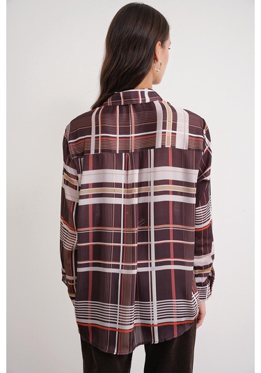 4751 Kadın Ekose İnce Saten Gömlek Kahve Kahve