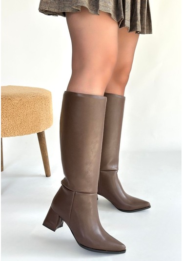Roksa Acı Kahvei Cilt Topuklu Çizme Acı