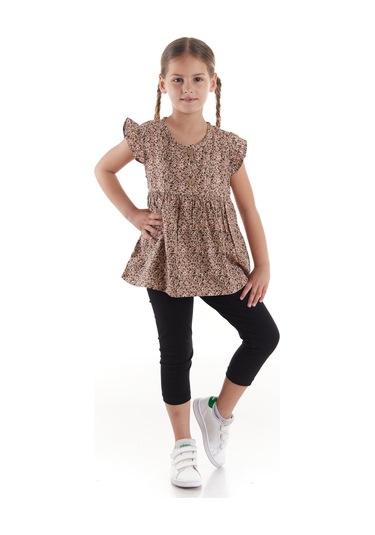 Ahengim Kız Çocuk Takım Vizkon Baskılı Taytlı Alt Üst Takım Pamuklu Ak2522 Bej