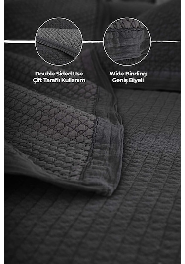 Evlen Home %100 Pamuk Çift Kişilik Özel Taş Yıkama Yatak Örtüsü Lüks Yumuşak Dayanıklı Modern Vitali Antrasit