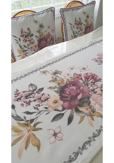 Çiçekli Duck Bezi Leke Tutmaz Runner ve İkili Kırlent