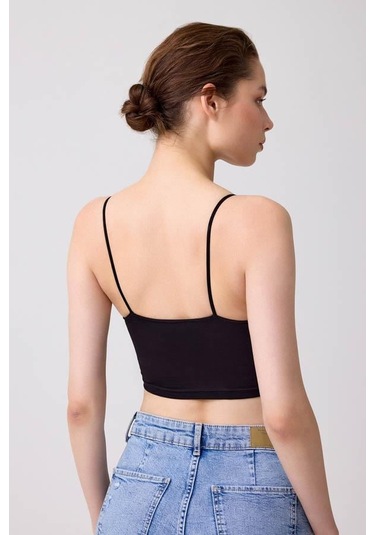 Cottonhill Siyah Pamuklu İnce Askılı Kadın Crop Top Büstiyer Siyah