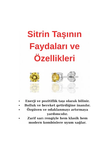 925 Ayar Gümüş 4 Mm Tektaş Sitrin Taşlı Küpe Gold - Gümüş