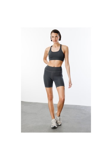 Yüksek Bel Toparlayıcı Çift Cepli Biker Şort Kısa Spor Tayt Kısa-tayt Füme