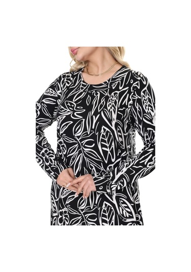 Melsay Butik Siyah Yaprak Desen Uzun Kollu Kadın Tesettür Elbise Siyah