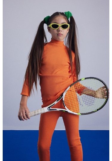 Luess Kız Çocuk Fitilli Oranj Balıkçı Yaka Bluz Tayt Takım Turuncu