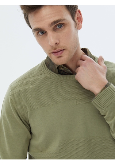 Açık Yeşil Bisiklet Yaka Jakarlı Yün Karışımlı Triko Kazak Açık Yeşil