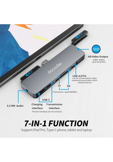 Geeroyoo 7-in-1 Type-c Hub Çevirici, Usb3.0 + Hdmı + 3.5mm Ses + Tf/sd Kart Okuyucu, 5gbps Aktarım Hızı, Alüminyum Gövde, İpad Pro Uyumlu