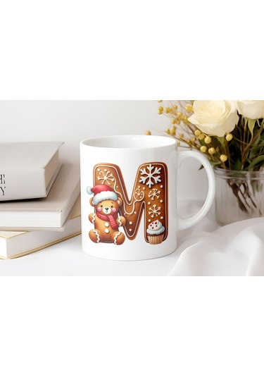 M Kurabiye Harf Ve Ayıcık Detaylı Kupa Bardak - Yeni Yıl / Yılbaşı Temalı Tasarım - Noel Hediye Beyaz