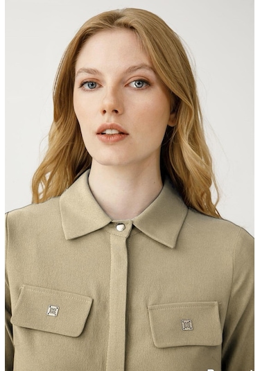 Çift Cepli Cep Üzeri Aksesuarlı Uzun Tunik Taş Gri