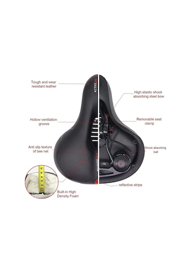 Bisiklet Koltuk Sele Airzone Hava Kanallı Reflektörlü Elastomer Yaylı Soft Doku Selesi Geniş Sele Siyah