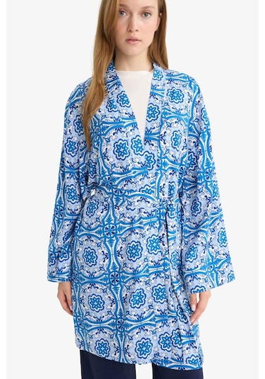Defacto Relax Fit Bisiklet Yaka Desenli Viskon Kimono E7262ax25smbe43 Mavi