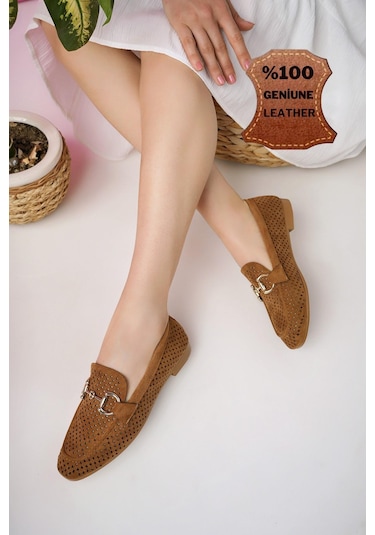 Muggo Phuket Garantili Metal Tokalı Lazerli Nefes Alabilen Deri Kadın Loafer Günlük Ayakkabı Taba