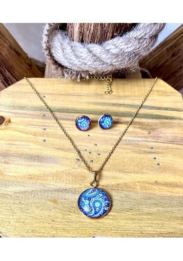 316l Çelik Otantik Figürlü Kolye Küpe Hediyelik Set Lacivert