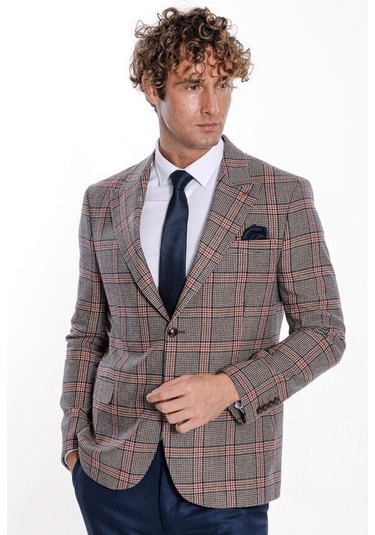 Wessi Ekose Desenli Lacivert Erkek Yün Ceket - Wessi Lacivert