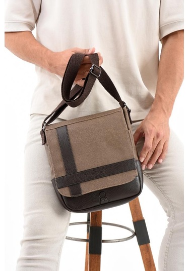 Kanvas Kumaş Tablet Çantası Erkek Postacı Çanta 27 23 Cm Çapraz Askılı Omuz Çantası Vizon