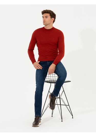 Cacharel Kiremit Slim Fit Çeyrek Balıkçı Yaka Basic Triko Kazak Kırmızı