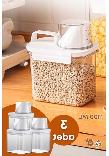 Novahub 3 Lü Sızdırmaz Depolama Kaba, 1100 Ml, Erzak Bakliyat Saklama Kapı Şeffaf