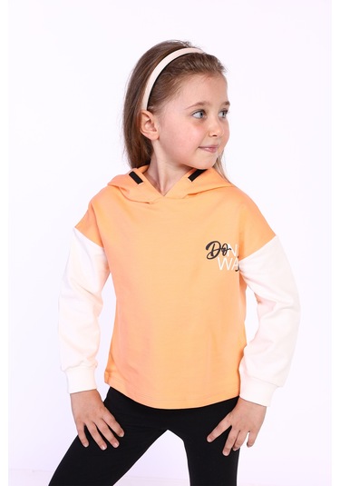 Toontoy Kız Çocuk Kapüşonlu Blok Renkli Sweatshirt Turuncu