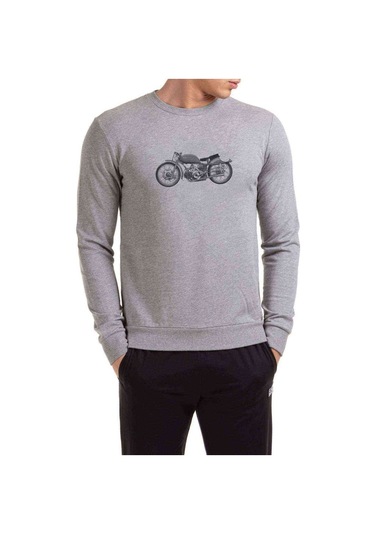 Nostalji Motor Baskılı Gri Erkek Örme Sweatshirt