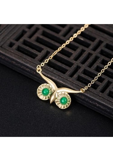 925 Ayar Gümüş Kadın Baykuş Kolye Kolye El Yapımı Yeşil Yeşim Gözler Kolye Çin Tarzı Vintage Takı Kolyeler Altın - Gümüş