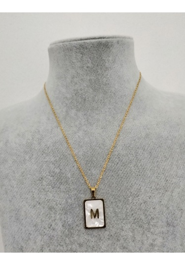 kadın sedef taşlı çelik M harf kolye Altın