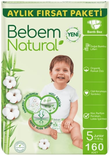 Bebem Natural Bebek Bezi Ultra Fırsat Paketi Junior 5 No 80 x 2 Adet 2'li