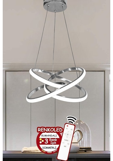 Renkoled Aydınlatma Kumandalı 3 Renk Işıklı Krom Kasa Modern Sarkıt Led Avize Krom