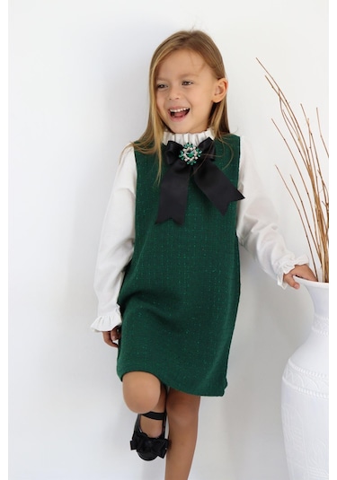 Kız Çocuk Vanessa Broş Detaylı Tüvit Zümrüt Uzun Kollu Elbise