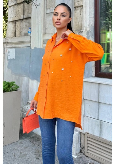 Turuncu Taş Detaylı Keten Klasik Gömlek Turuncu