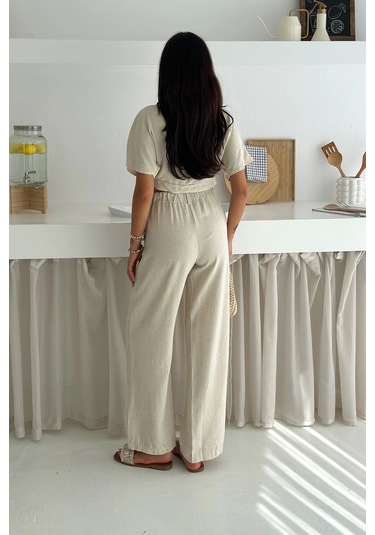 Düğme Detaylı İkili Takım Krem Krem