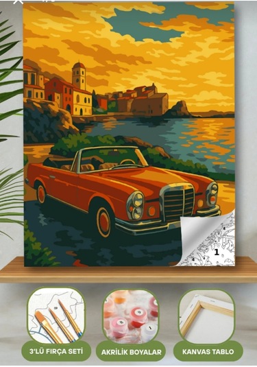 Denic Sayılarla Boyama Seti 40x50 Cm (Çıtalı) Fırça Boya Dahil Numaralı Tuval Kırmızı Arabalı Manzara