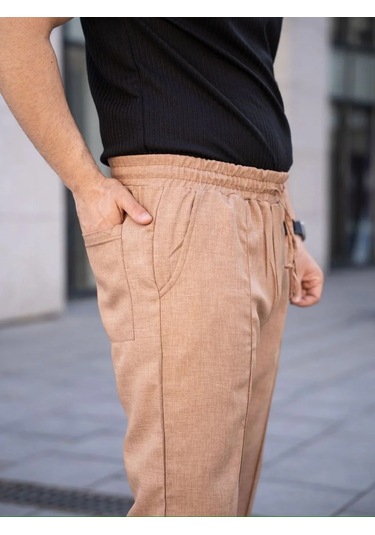 Erkek Keten Cepli Çıma Dikişli Jogger Buggy Pantalon Rahat Kalıp - Kahverengi Kahverengi