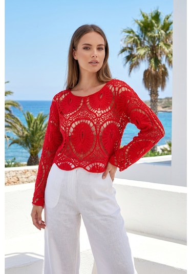 Sayzen Your Shine Dantel Işleme Crop Bluz Sy-shn2610 Kırmızı